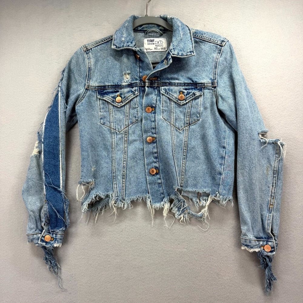 Zara TRF Denim Makers Jacket Womens XS Blue‎ Distressed Cropped Cut Frayed Hem